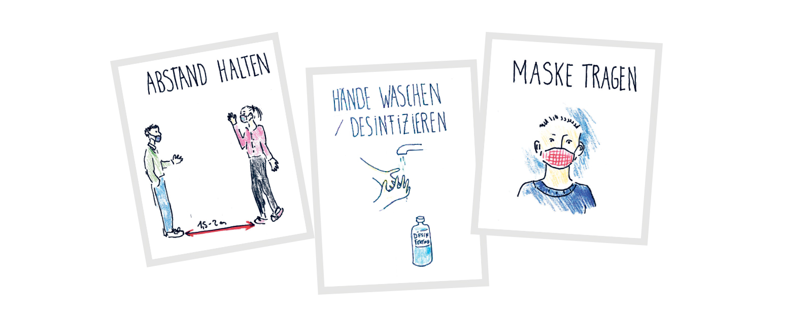 Handgemalte Zeichnungen von Mariana Steiner zur Erklärung der Hygieneregeln.