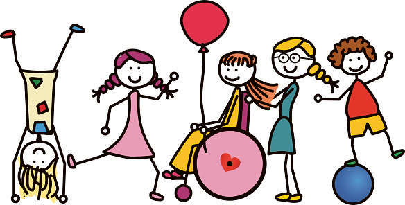 Hier ist eine Zeichnung von spielenden Kindern zusehen. Eines der Kinder sitzt im Rollstuhl und hat einen Luftballon in der Hand. Es wird von einem Mädchen mit Brille geschoben. Drei weitere Kinder spielen um diese herum.