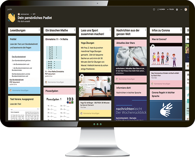 Die Abbildung zeigt einen Computer-Bildschirm mit einem persönlichen Padlet. Dieses Enthält schulische Aufgaben wie Leseübungen, Matheaufgaben, Yoga- und Sportübungen, aktuelle Nachrichten aus der Welt und bezüglich Corona.