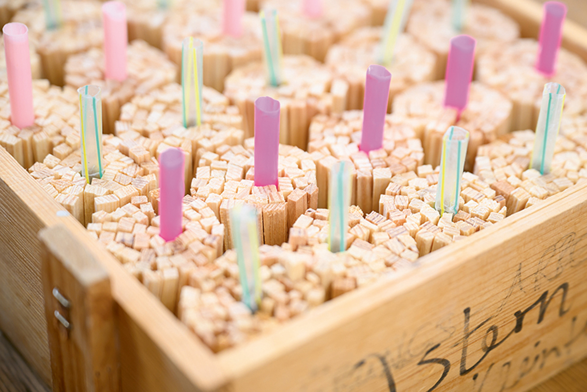Grillanzünder, die in den Werkstätten hergestellt werden. Diese sind noch in der Produktion und nicht fertiggestellt. Es sind mehrere kleine Holzstücke zusammengebunden und in der Mitte steckt ein Stück Strohhalm.