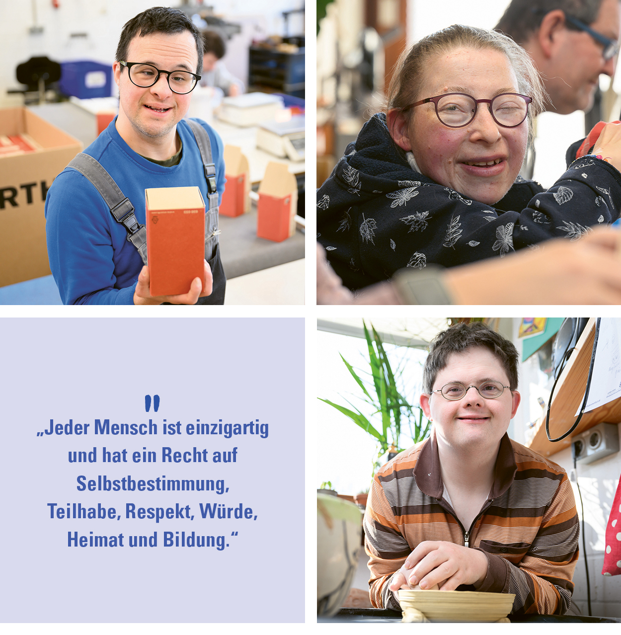 Eine Collage mit mehreren Bildern von fröhlichen körperlich eingeschränkten Personen.