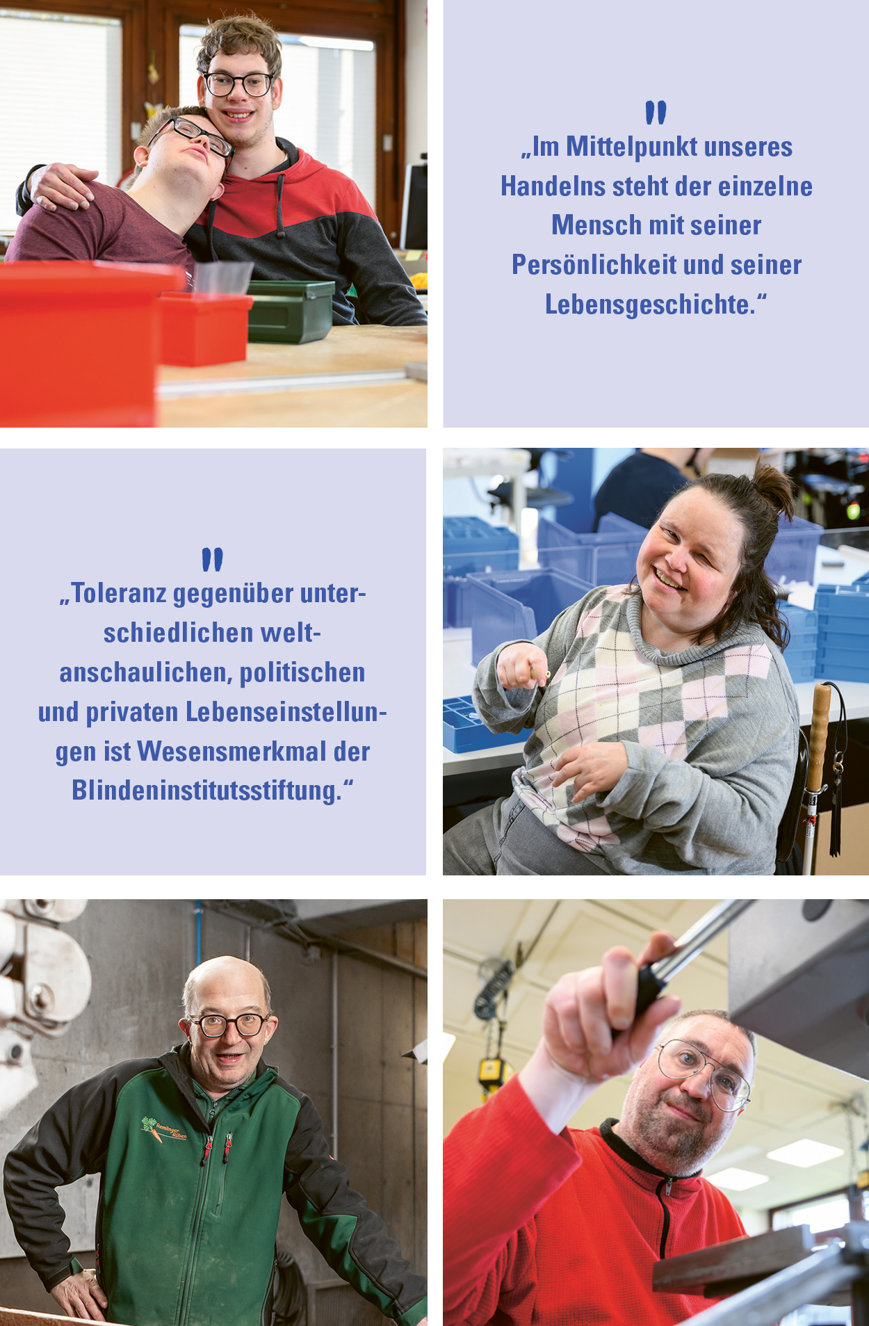 Eine Collage mit mehreren Bildern von fröhlichen körperlich eingeschränkten Personen.