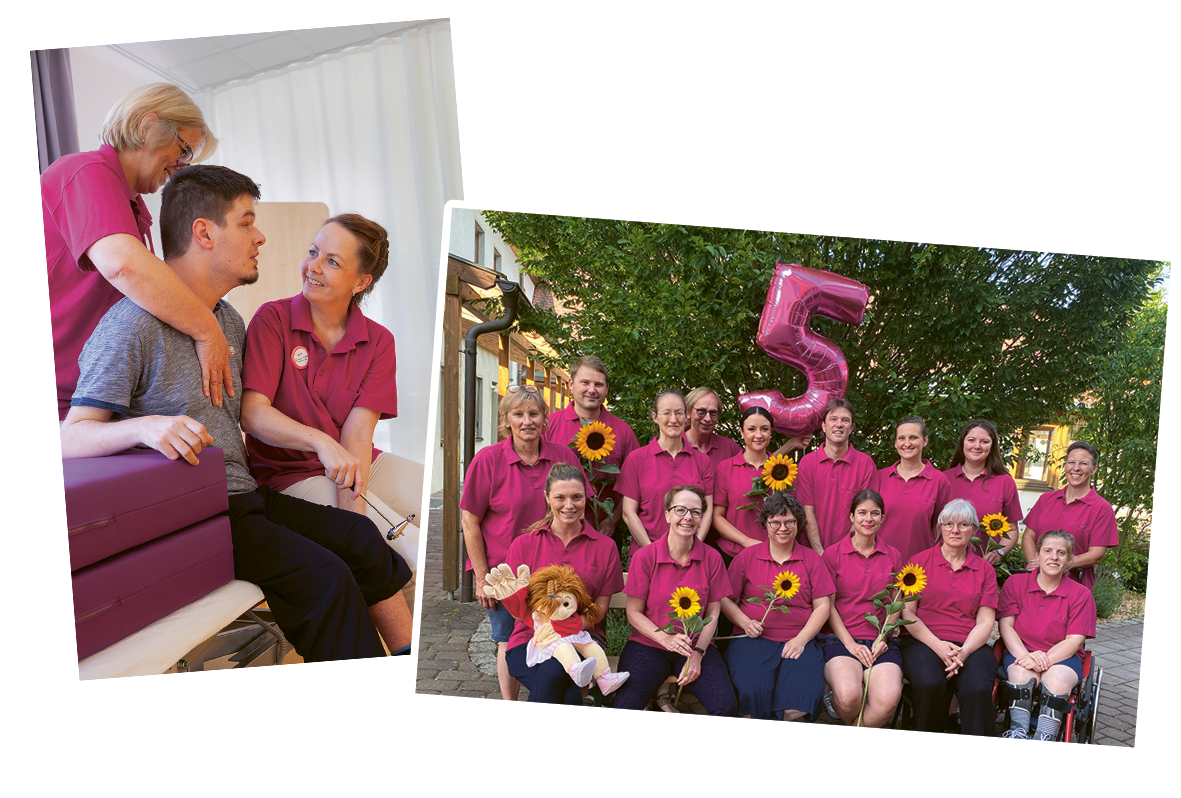 Bild 1: Zwei MZEB-Mitarbeiterinnen mit einem Patienten. Eine klopft mit einem Reflexhammer auf sein Knie. Bild 2: 15 Personen feiern Jubiläum. Einige halten Sonnenblumen, ein pinker Ballon in Form der Zahl 5 schwebt im Hintergrund.