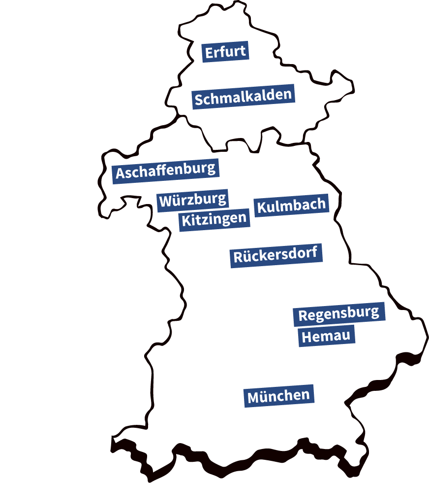 Karte von Bayern und einem Teil Thüringens mit markierten Städten: Erfurt, Schmalkalden, Aschaffenburg, Würzburg, Kitzingen, Kulmbach, Rückersdorf, Regensburg, Hemau und München.
