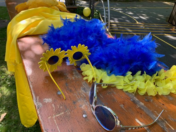 auf dem Bild sieht man blau-gelbe Accessoires, wie z.B: ein gelbes Tuch oder Sonnenbrille