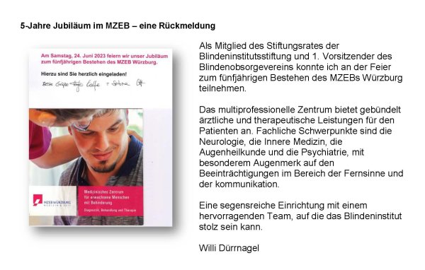 Links ist eine Einladungskarte mit einem Mann mit Behinderung zu sehen und recht steht ein Jubiläumsgruß von Stiftungsratsmitglied Willi Dürrnagel