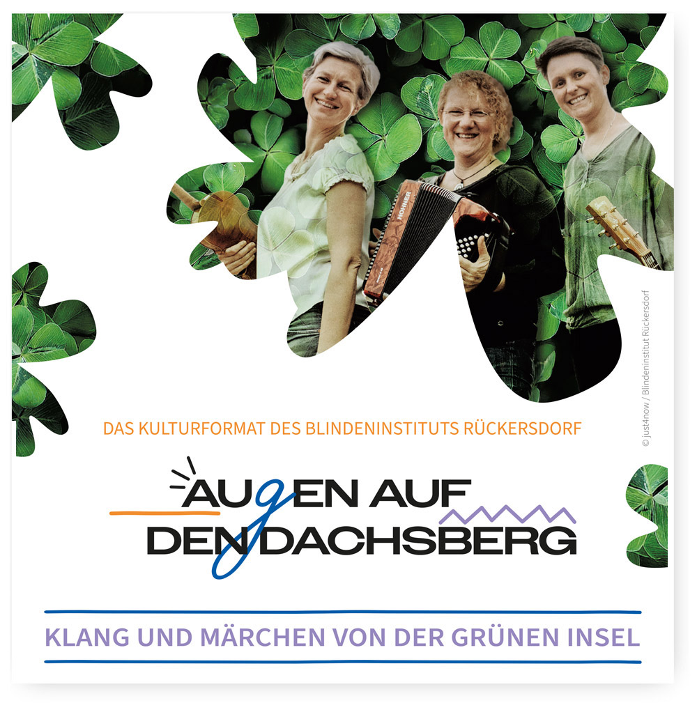 Das Bild zeigt drei fröhlich lächelnde Personen mit Musikinstrumenten – einer Geige, einem Akkordeon und einer Gitarre – vor einem Hintergrund aus grünen Kleeblättern passend zu dem Titel „Klang und Märchen von der grünen Insel“.