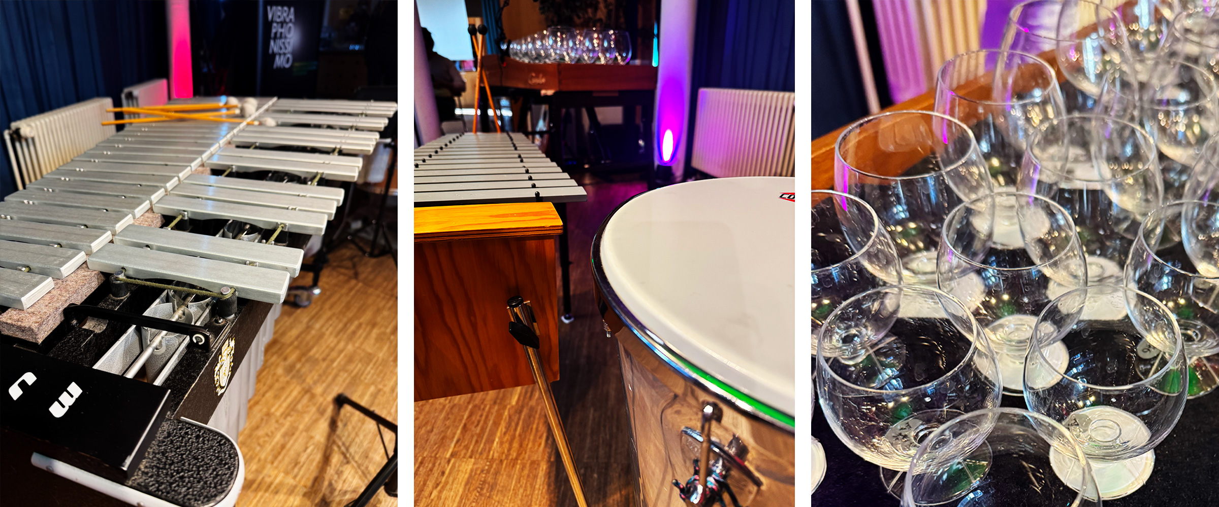 Es ist eine Trommel, viele bauchige Gläser und  auch das Vibraphon zu sehen.