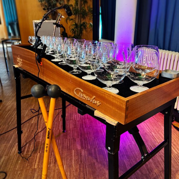 Es ist ein Tisch im Schachbrettmuster zu erkennen, auf dem viele bauchige Gläser stehen, welche als Instrumente dienen.