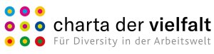 Logo: Neun bunte zweifarbige Kreise sind links auf dem Bild zu sehen. Daneben steht Charta der Vielfalt - Für Diversity in der Arbeitswelt.