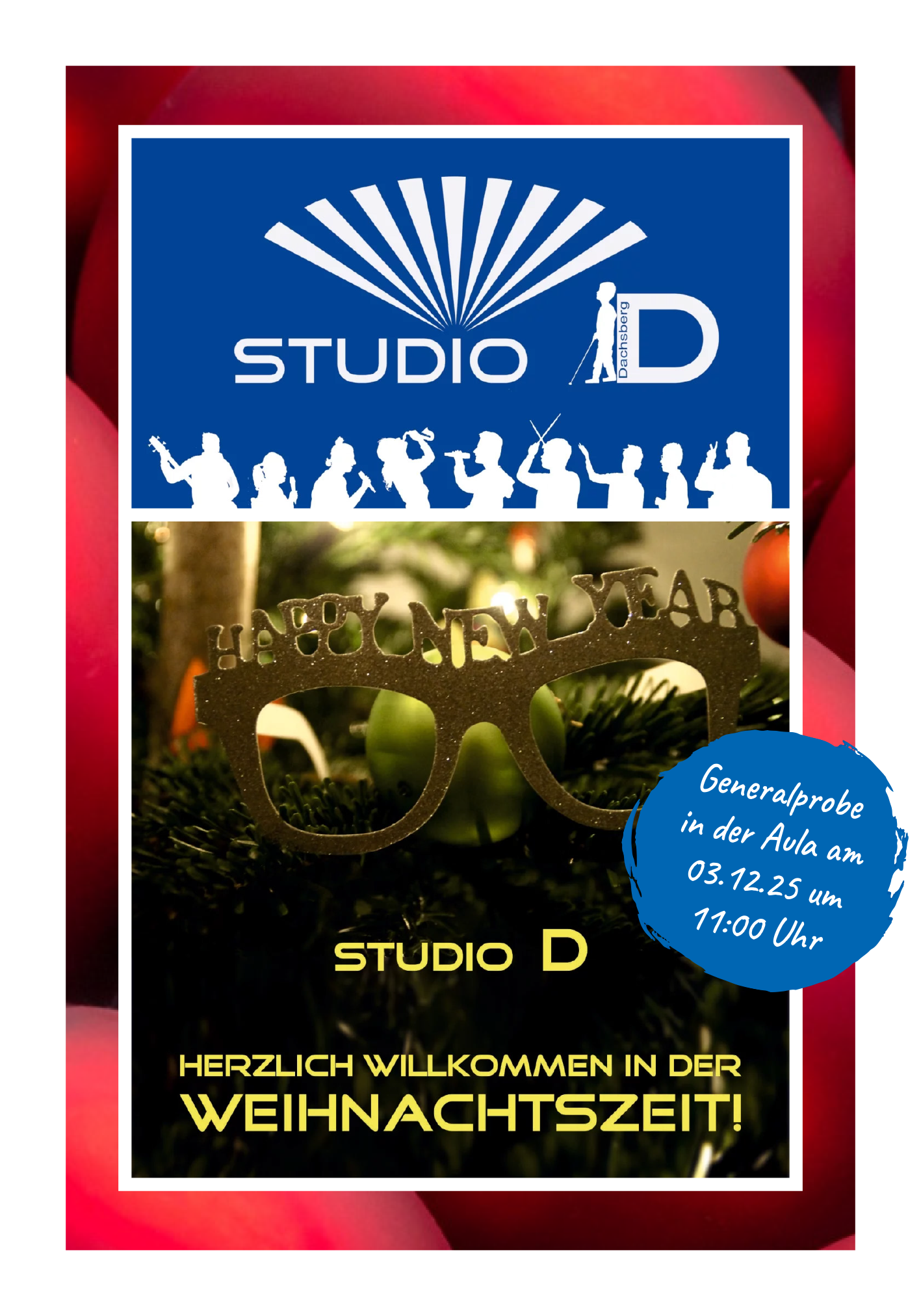 Auf dem Bild ist das Logo von Studio D und die Weihnachts-CD auf  einem Hintergrund aus  roten Christbaumkugeln abgebildet.