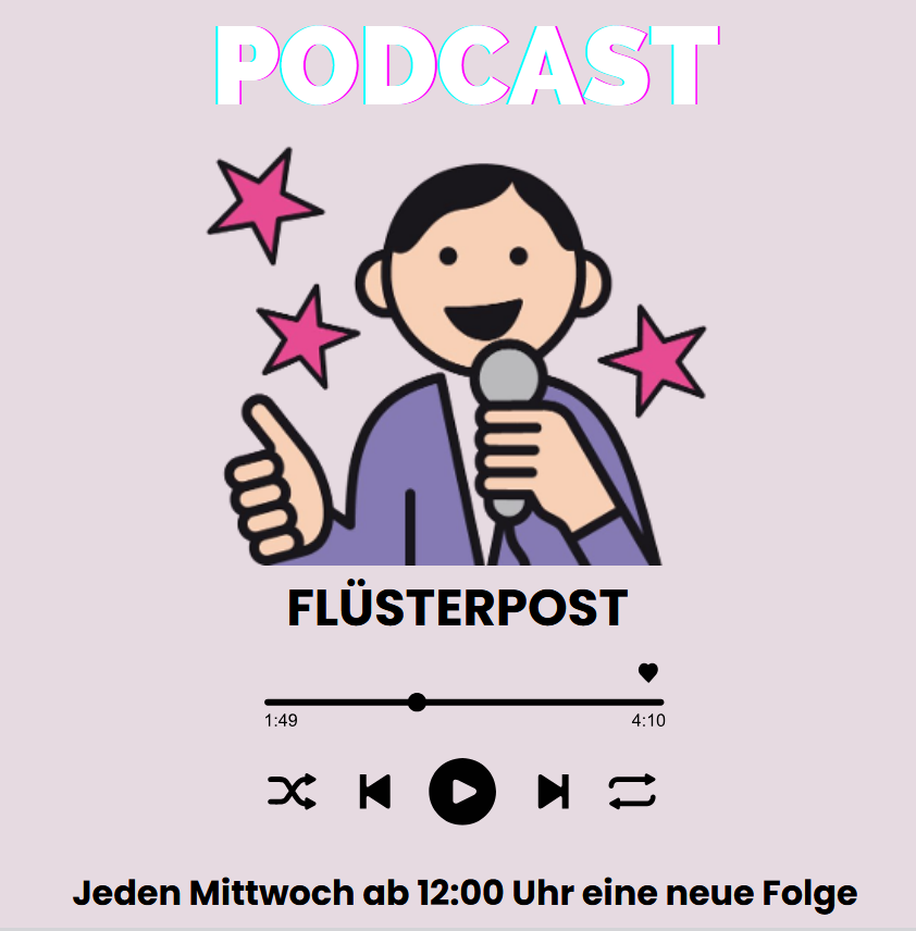 Auf dem gezeichneten Bild sieht man einen Mann mit einem Mikrofon in der Hand. Oben drüber steht Podcast, drunter steht Flüsterpost.