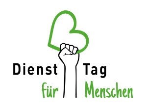 Logo: In der Mitte des Bildes ist eine Illustration einer Faust zu sehen, die ein grünes Herz nach oben hält. Links und rechts daneben steht Dienst Tag für Menschen.