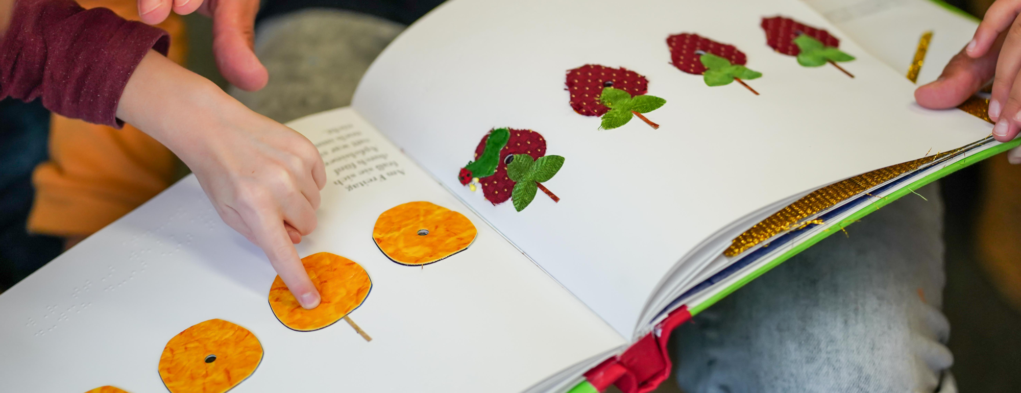 Eine Kinderhand deutet auf ein Bild in einem aufgeschlagenen Buch.