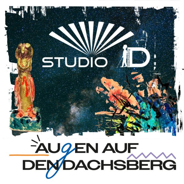 Ankündigungsgrafik mit bunter Skulptur links, gelbem Radioaktiv‑Symbol rechts und den Ausschnitt eines Kunstwerkes von KuschD dem Kunstprojekt des Insitutes. Darüber steht das Logo von STUDIO D.