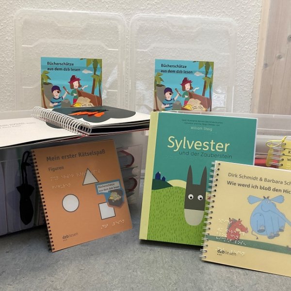 Eine Kiste mit Kinderbüchern steht auf einem Tisch