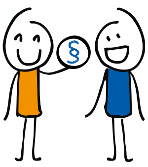 Zwei Männchen, einer von ihnen Hält einen Ball mit Paragraphen-Zeichen hoch.