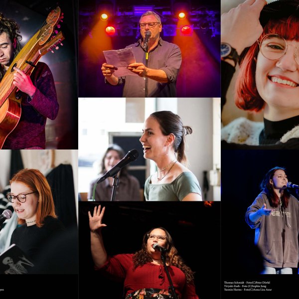 Die Künstlerinnen und Künstler, die beim Poetry-Slam am 18. Juli 2025 im Blindeninstitut Rückersdorf auftreten.