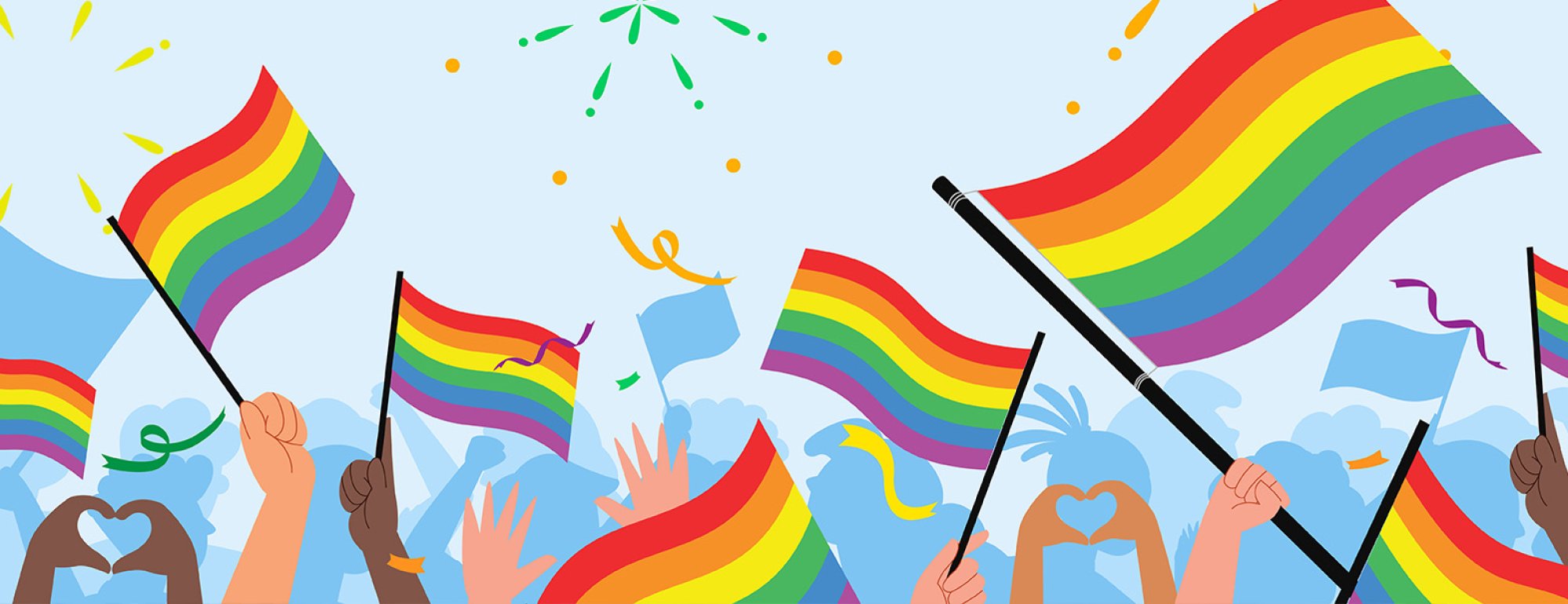 Illustration: Viele unterschiedliche Hände schwenkenFlaggen mit den Regenbogen-Farben.