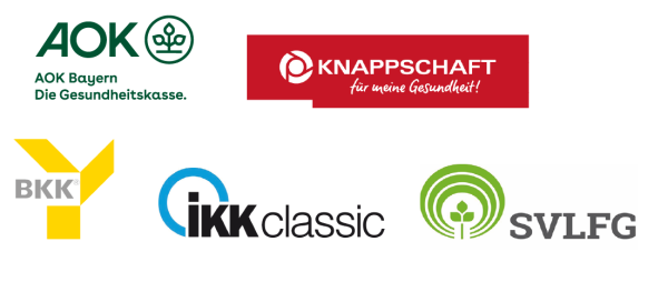 Folgende Logos sind abgebildet: Pflegekasse der AOK Bayern, Betriebskrankenkassen in Bayern, IKK classic, KNAPPSCHAFT und Sozialversicherung für Landwirtschaft, Forsten und Gartenbau (SVLFG).