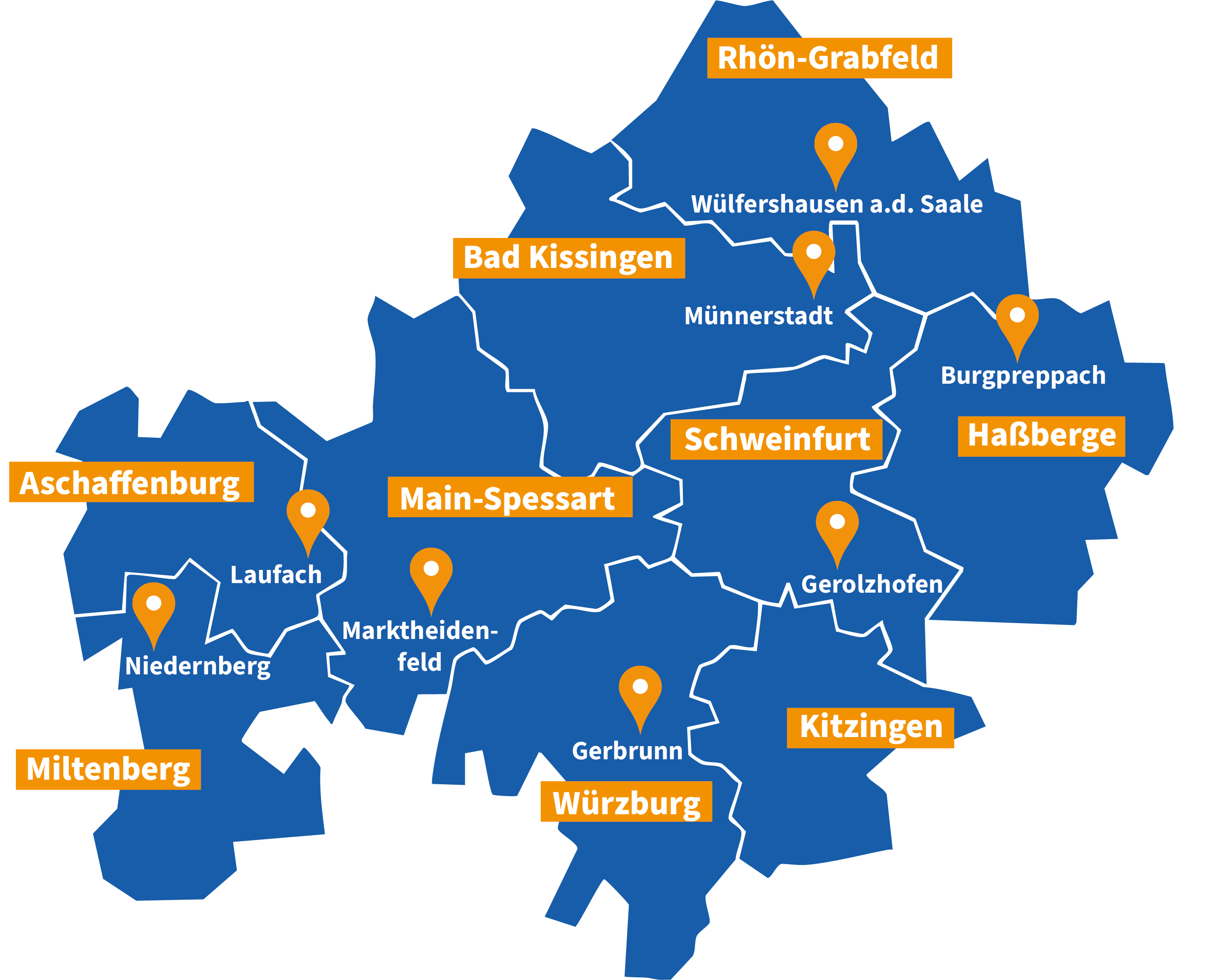 Karte von Unterfranken, eingezeichnet sind die Modellkommunen 
Gerbrunn (Würzburg)
Gerolzhofen (Schweinfurt)
Laufach (Aschaffenburg)
Markt Burgpreppach (Haßberge)
Marktheidenfeld (Main-Spessart)
Münnerstadt (Bad Kissingen)
Niedernberg (Miltenberg)
Wülfershausen (Rhön-Grabfeld)