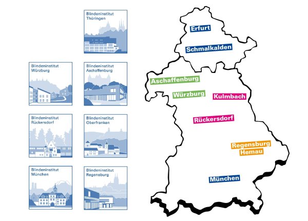 Links auf dem Bild sind die Institutsslogos der Blindeninstitute in Thüringen, Würzburg, Aschaffenburg, Rückersdorf, Oberfranken, München und Regensburg zu sehen. Diese Logos sind mit dem Standort beschriftet und beinhalten eine Illustration des Standorts. Rechts auf dem Bild ist eine Karte, die zeigt, wo sich die Standorte in Bayern und Thüringen befinden.