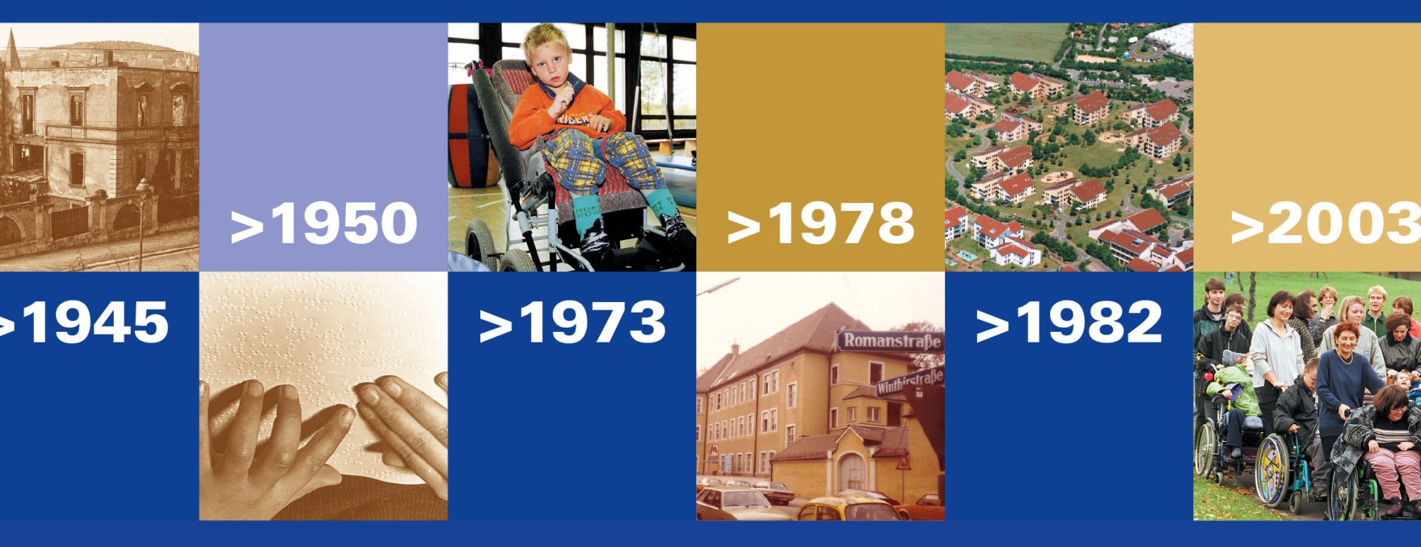 Eine Collage aus Bildern und bunten Quadraten, welche die Geschichte der Blindeninstitutsstiftung veranschaulichen soll. In den Quadraten neben den Bildern stehen die Jahreszahlen 1950, 1978, 1945, 1973, 1973, 1982 und 2003. Die Bilder zeigen historische Momente der Blindeninstitutsstiftung, welche zu den jeweiligen Jahreszahlen im Quadrat passen.