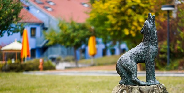 Ein Blick in das Gelände des Blindeninstituts mit einem blauen Haus im Hintergrund