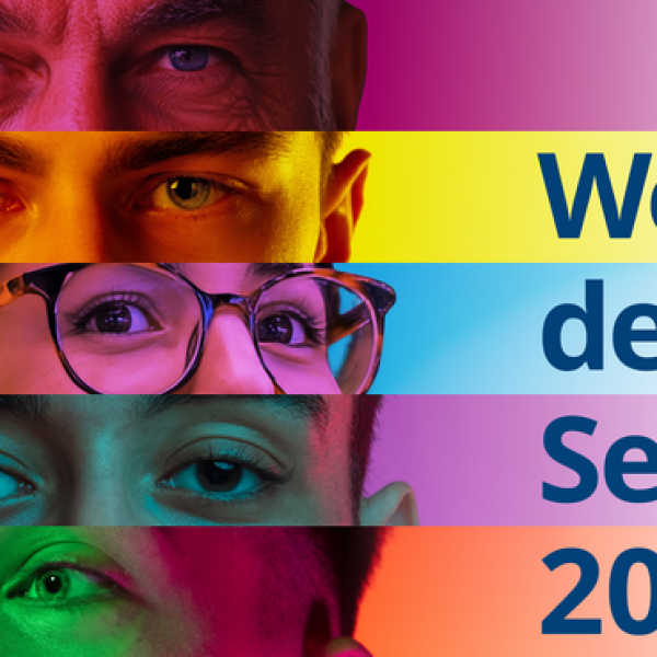 Auf dem sehr bunten Bild sieht man Teile von Gesichtern, daneben steht Woche des Sehens .- Es ist eine Veranstaltungsankündigung im Rahmen der Woche des Sehens.