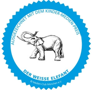 Das Logo des Kindermedienpreises Der weiße Elefant.